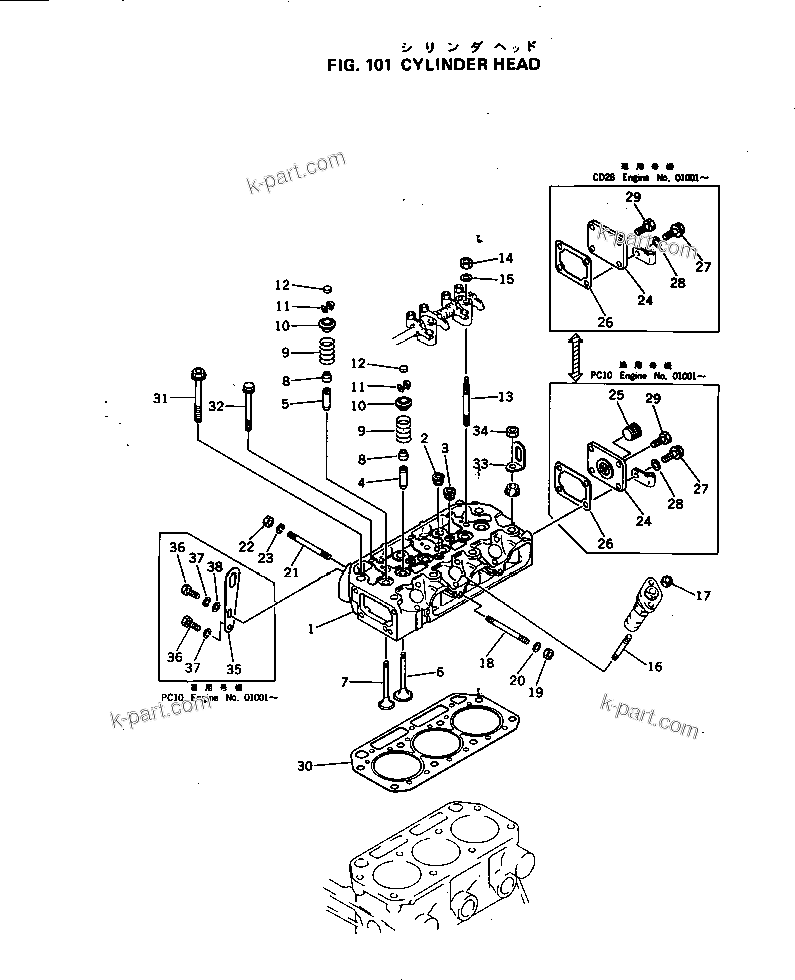 Parts diagram: CYLINDER HEAD — 3D75-1B S/N 01001-UP