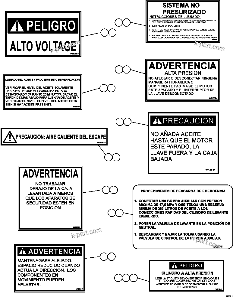 Parts diagram: DECAL & WARNINGS (SPANISH)    1/2 — AFE48-BF 930E-2 S/N A30012  CODELCO