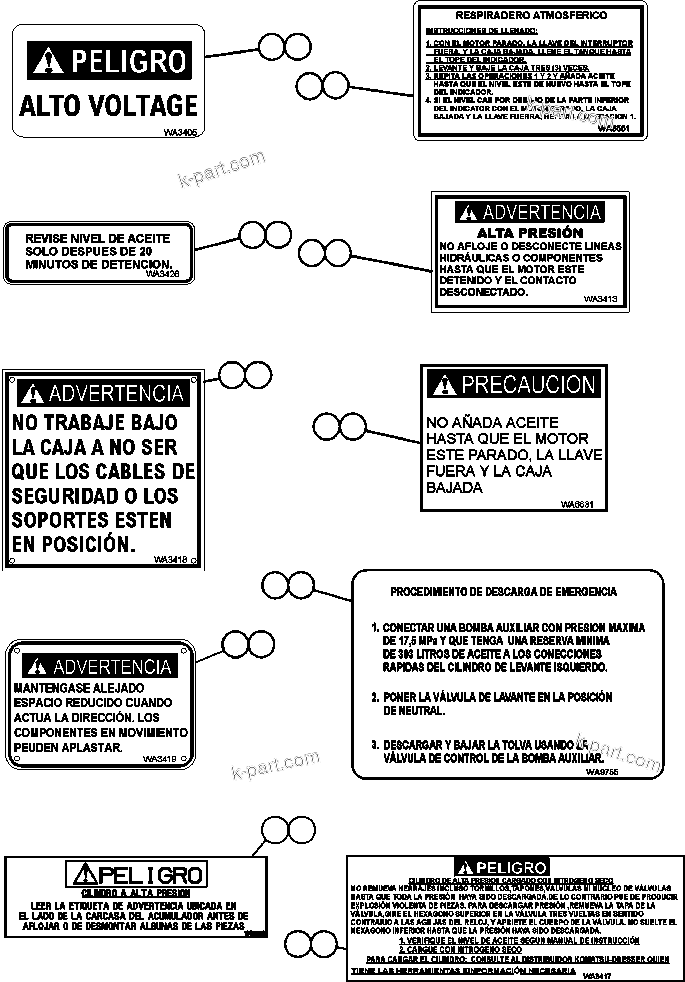 Parts diagram: DECALS & WARNINGS (SPANISH) — AFE50-CF 830E S/N A30815  GROUPO MEXICO