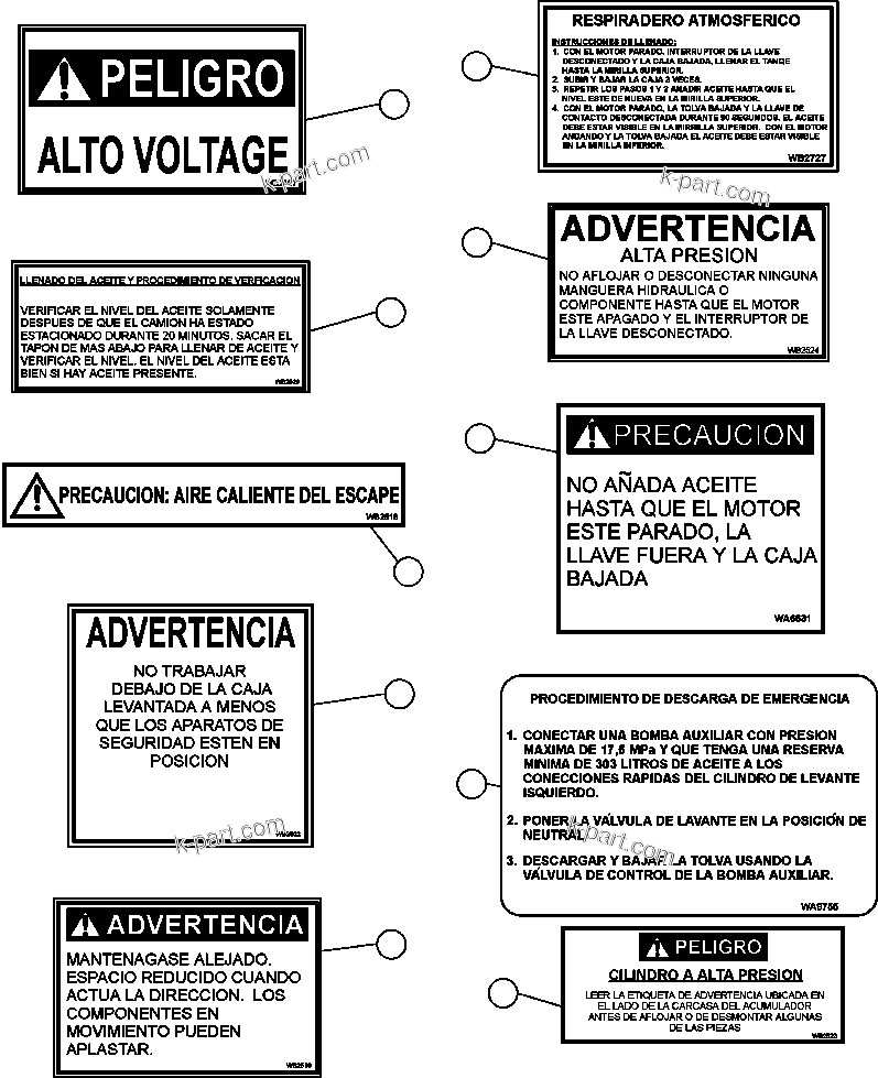 Parts diagram: DECALS & WARNINGS (SPANISH) — AFE52-AG 930E-3 S/N A30410  SOUTHERN PERU COPPER