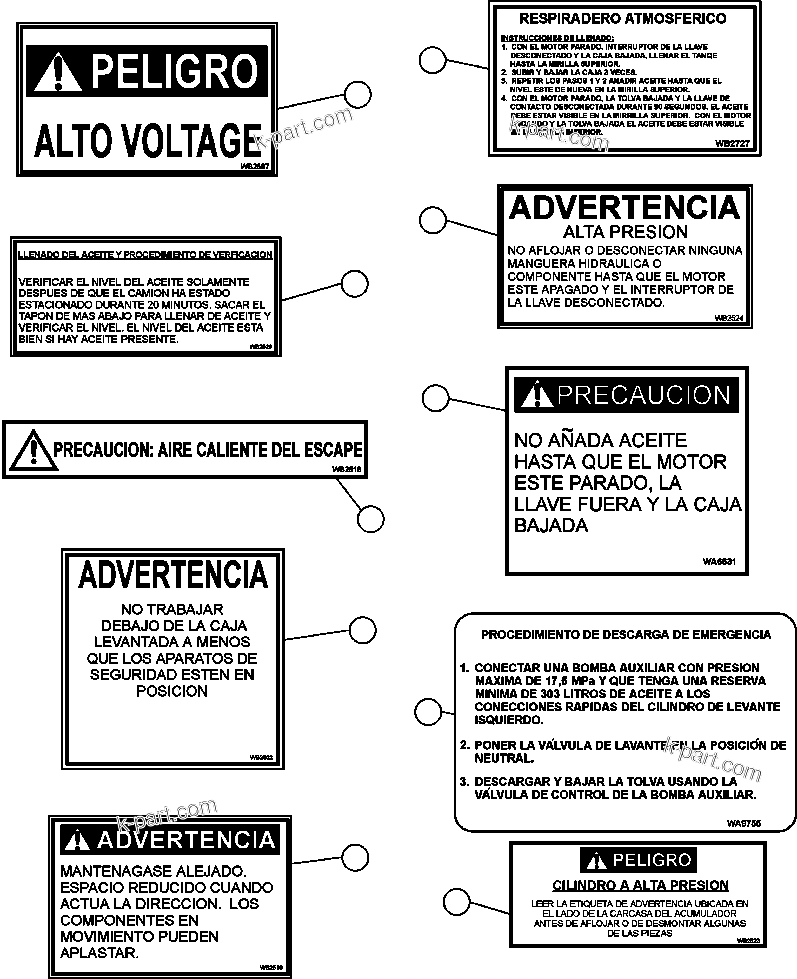 Parts diagram: DECALS & WARNINGS (SPANISH) — AFE52-AQ 930E-3 S/N A30431-A30433 & A30435 & A30452-A30453 & A30458     LOS PELAMBRES