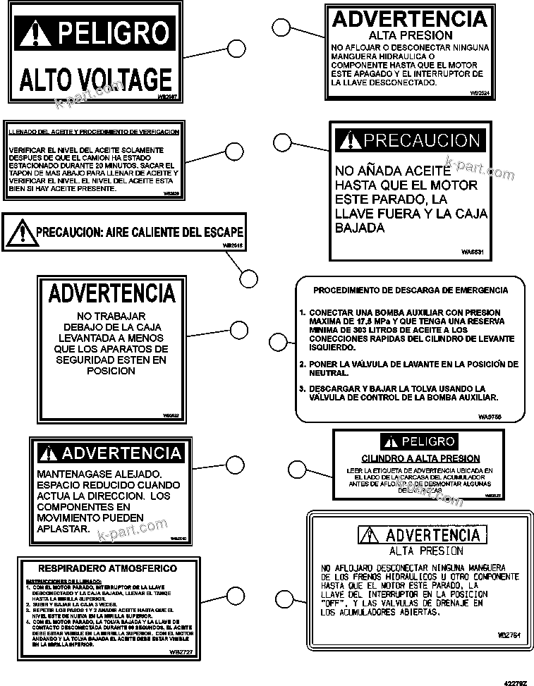 Parts diagram: DECALS & WARNINGS (SPANISH)     1/4 — AFE57-DX 830E-1AC S/N A30551    ISLA RIESCO