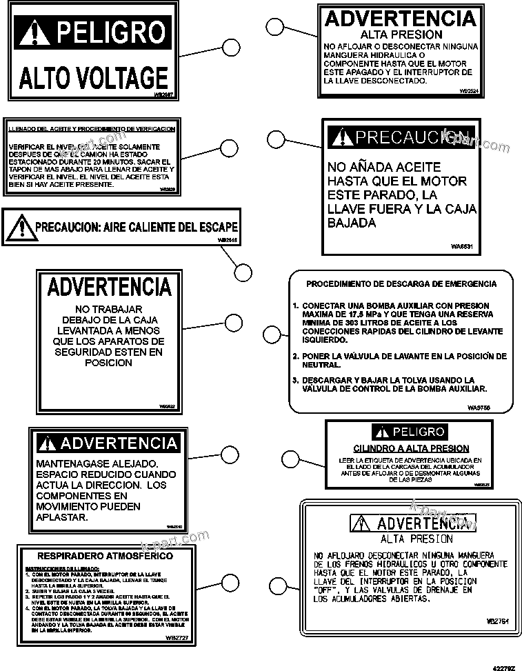 Parts diagram: DECALS & WARNINGS (SPANISH)     1/4 — AFE57-EA 830E-1AC S/N A30563     CAP-Cerro Negro Norte