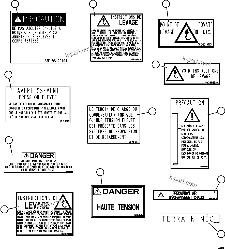 Parts diagram: DECALS & WARNINGS 1/4 — AFE57-FG 830E-1AC S/N A30659 - A30661, A30681 - A30683 & A30695 - A30697   AREVA