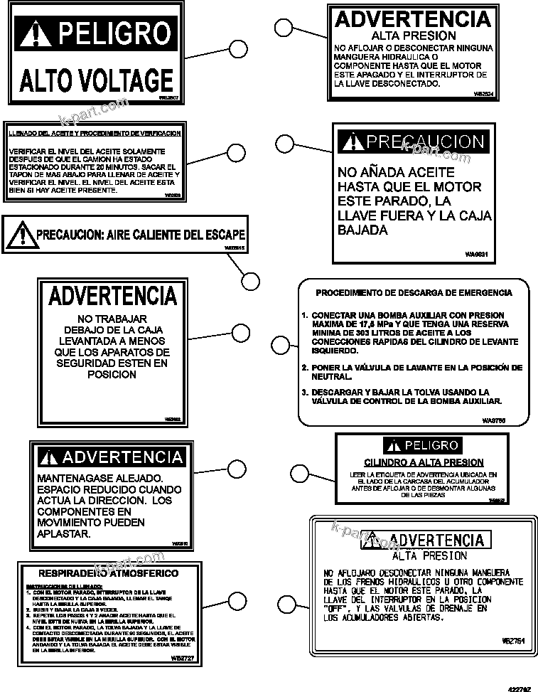 Parts diagram: DECALS & WARNINGS (SPANISH)     1/5 — AFE59-FW 930E-4 S/N A31849 & A31860  CERREJON
