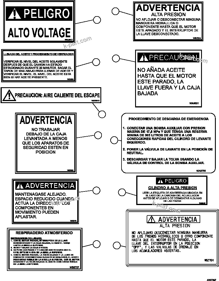 Parts diagram: DECALS & WARNINGS (SPANISH)     1/5 — AFE59-GL 930E-4 S/N A31985 & A31991 PENASQUITO