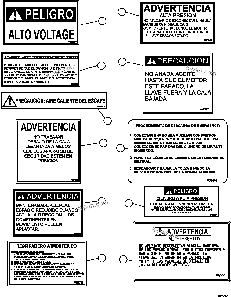 Parts diagram: DECALS & WARNINGS (SPANISH)     1/5 — AFE62-BN 930E-4SE S/N A31951, A31954 & A31960 - A31962  SIERRA GORDA