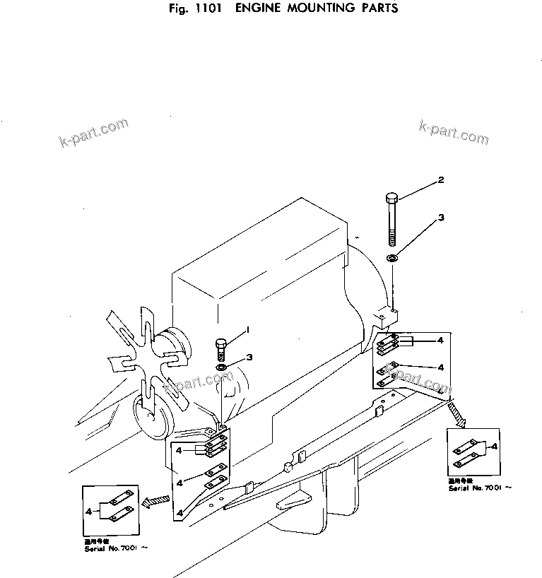 Parts diagram: ENGINE MOUNTING PARTS — D75S-3 S/N 7001-UP