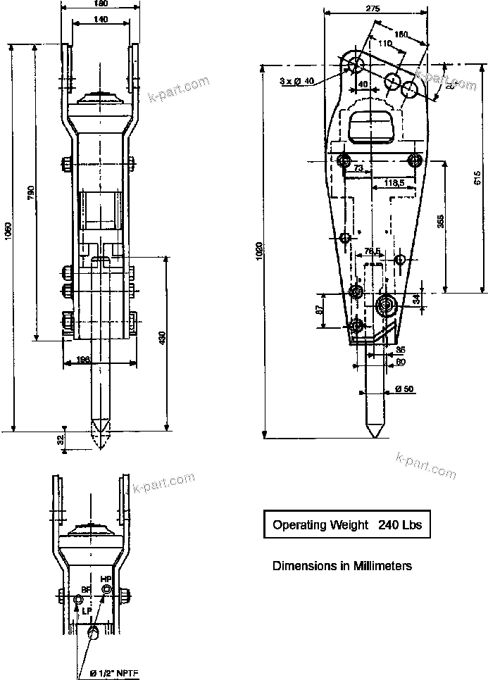Parts diagram: DIMENSIONS — JPB100 HYDRAULIC BREAKER S/N ALL