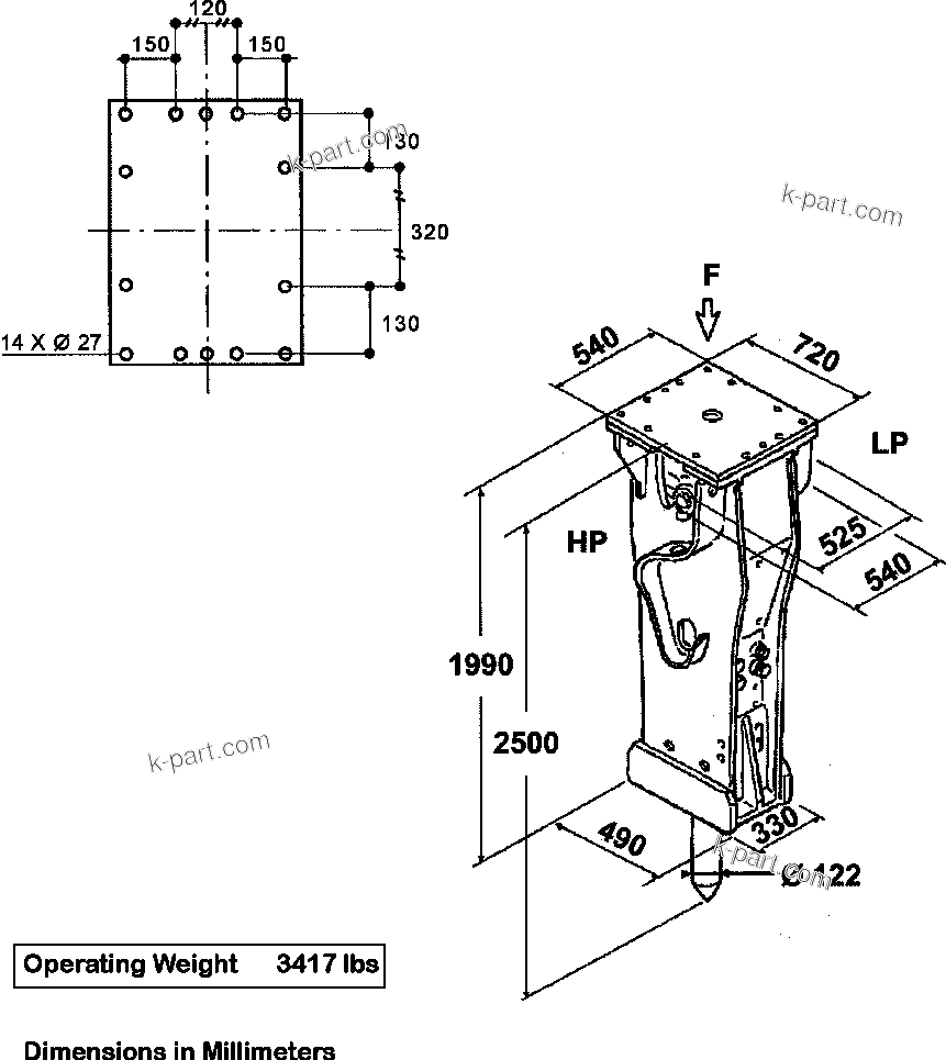Parts diagram: DIMENSIONS — JPB2000V HYDRAULIC BREAKER S/N ALL