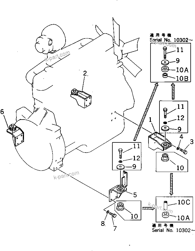 Parts diagram: ENGINE MOUNTING PARTS — JV100WA-1 S/N 20003-UP