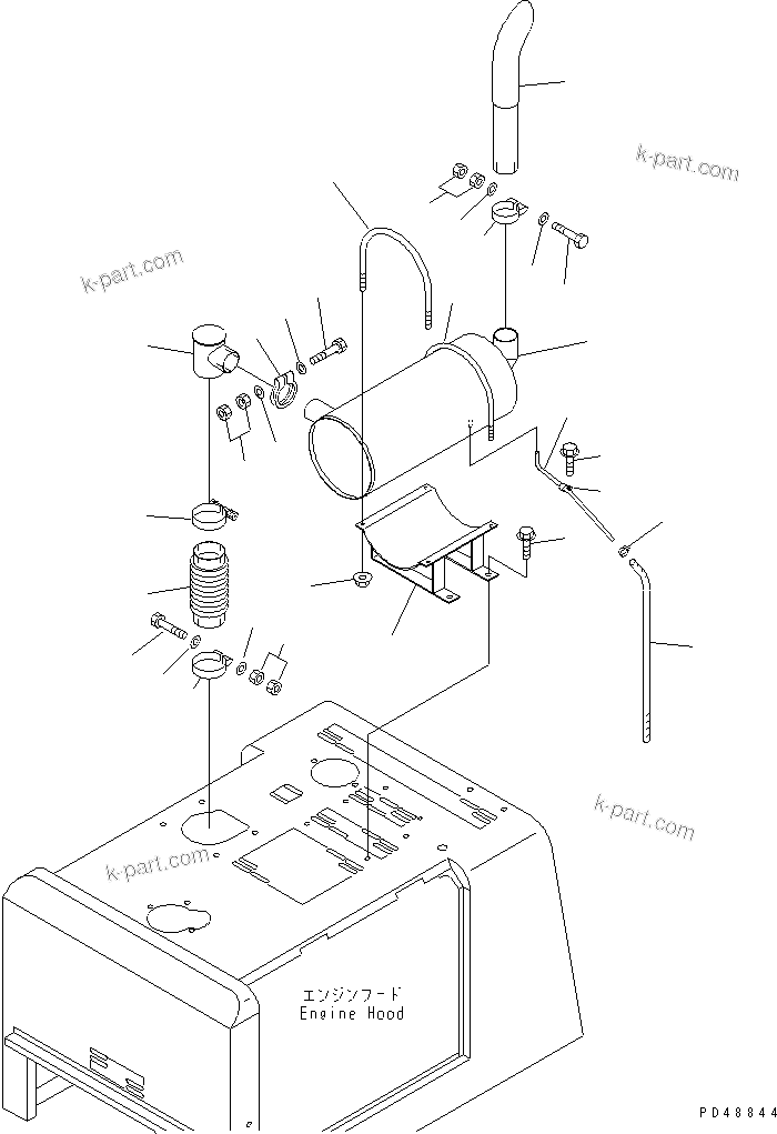 Parts diagram: EXHAUST MUFFLER AND PIPE (SUPER SILENT SPEC.)(#60001-) — WA150SS-3-X S/N 60001-62999