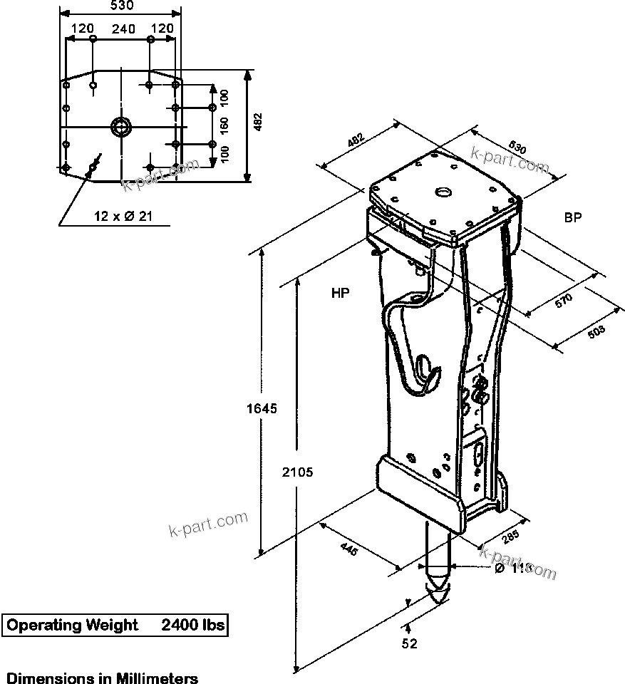 Vue éclatée : Section du catalogue — JPB1200 HYDRAULIC BREAKER n° de série ALL