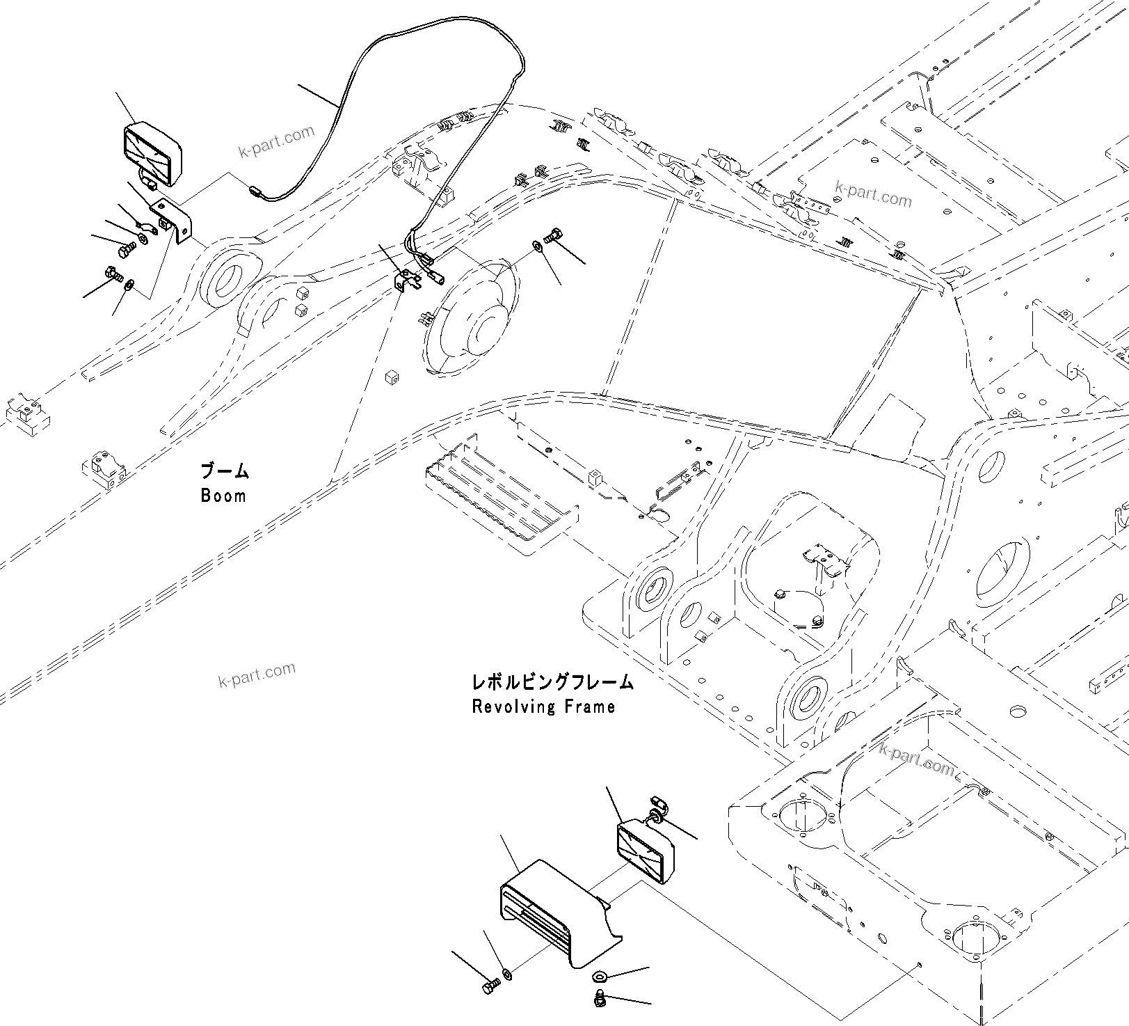 Komatsu parts book diagram for PC290-8K S/N 10001-UP ( Standard Machine ): ADDITIONAL WORKING LIGHTS, MOUNTED ON BOOM AND DECK, LHS(#10001-)
