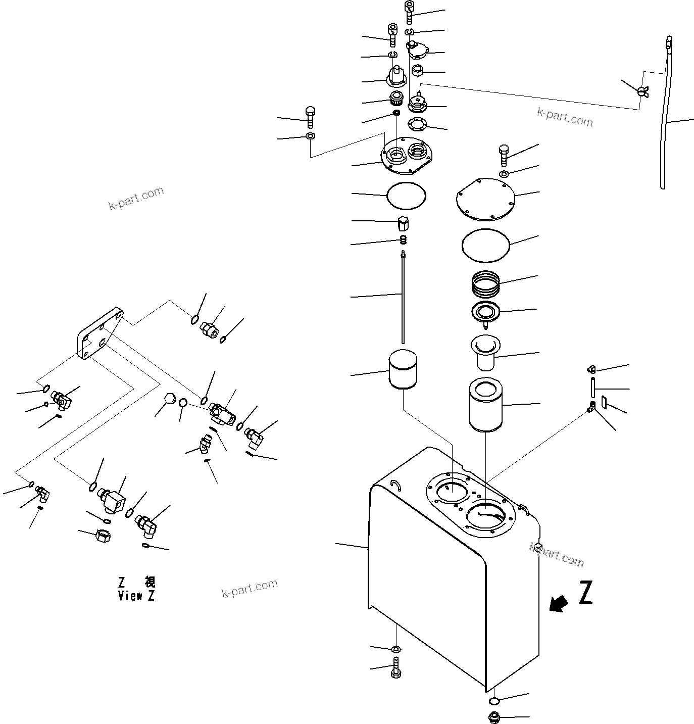 Komatsu parts book diagram for PC290-8K S/N 10001-UP ( Standard Machine ): HYDRAULIC OIL TANK, FOR MACHINE WITH SERVICE VALVE AND 1-ADDITIONAL ACTUATOR CIRCUIT(#20001-)