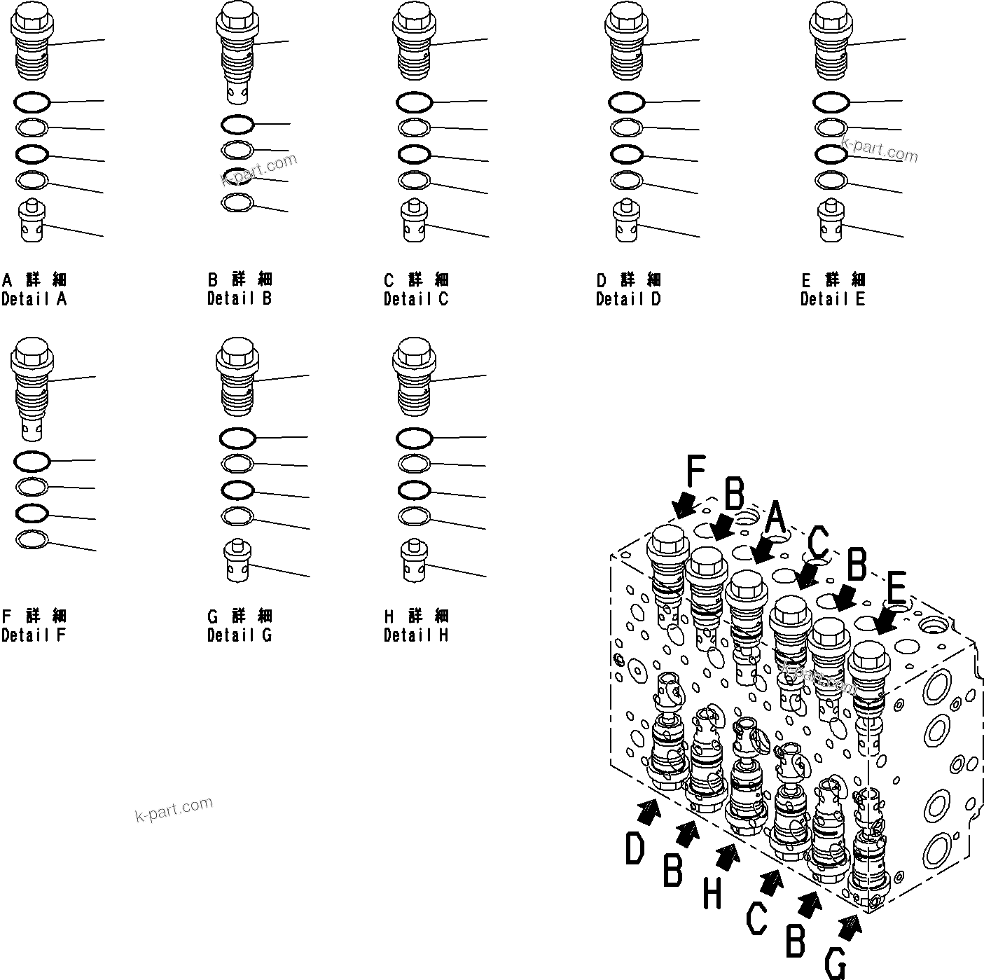 Komatsu parts book diagram for PC290-8K S/N 10001-UP ( Standard Machine ): MAIN CONTROL VALVE, FOR MACHINE WITH 1-ADDITIONAL ACTUATOR CIRCUIT AND BOOM HOLDING VALVE (6/22)(#10001-)