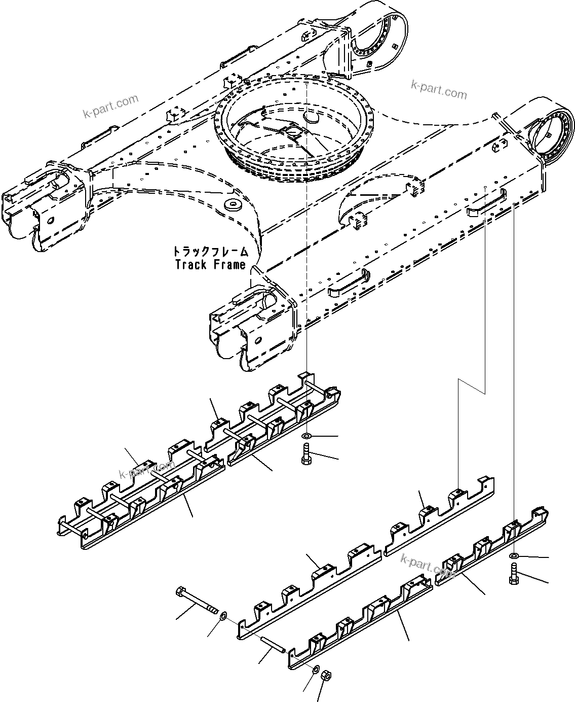 Komatsu parts book diagram for PC290-8K S/N 10001-UP ( Standard Machine ): TRACK ROLLER GUARD, FULL LENGTH(#10001-)