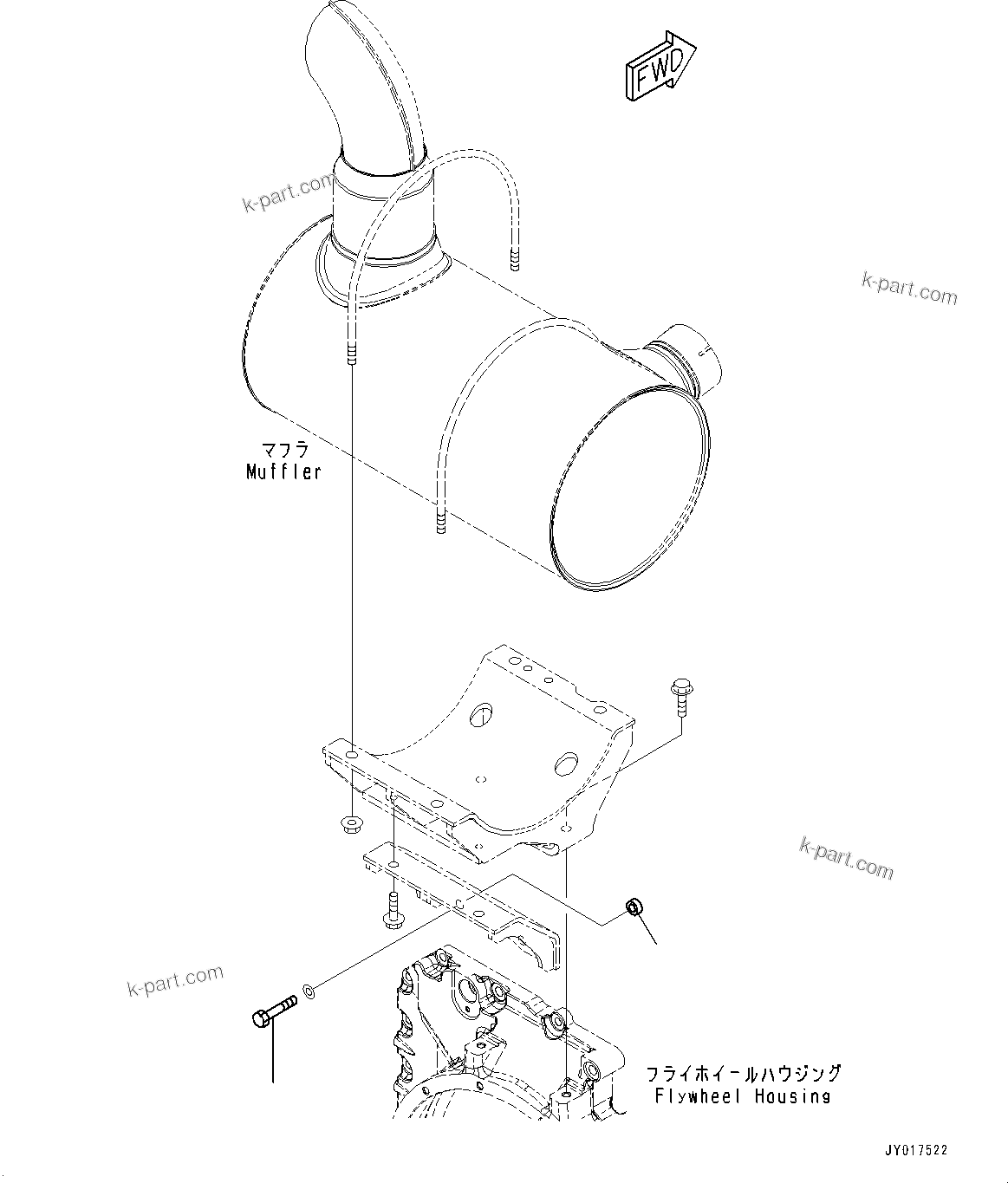 Komatsu parts book diagram for SAA4D107E-1D S/N 26527701-UP (For PC160LC-8): EXHAUST MUFFLER MOUNTING, WITHOUT HYDRAULIC OIL PUMP (#26575345-)