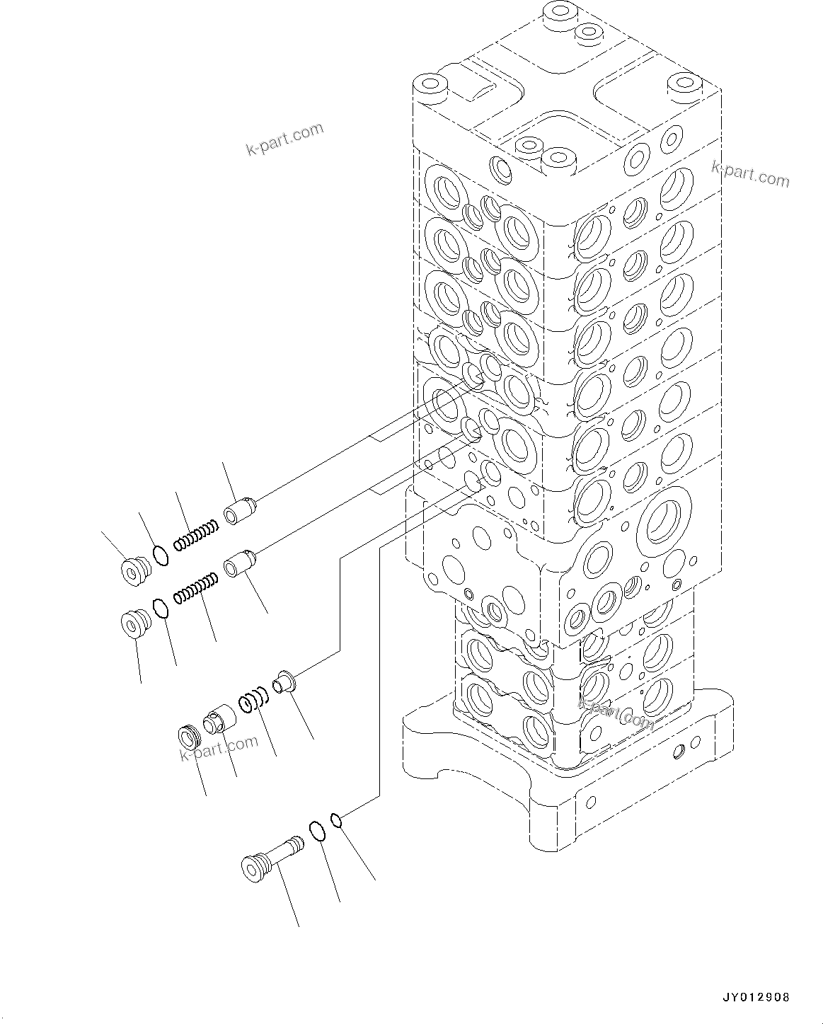 Komatsu parts book diagram for PC190NLC-8 S/N K50001-UP: MAIN CONTROL VALVE, 2-ATTACHMENT, 2-PIECE BOOM, INNER PARTS (5/34)