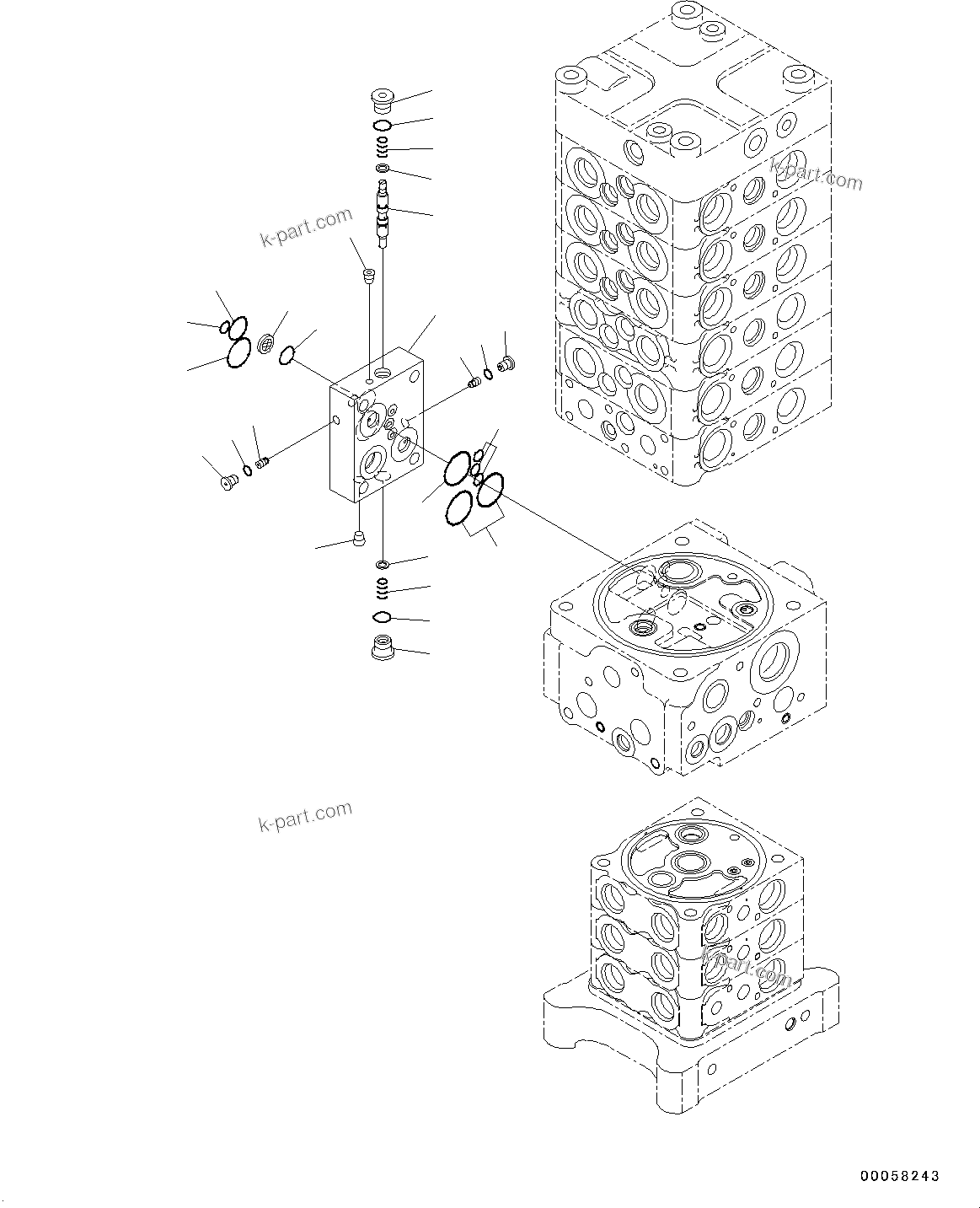 Komatsu parts book diagram for PC190NLC-8 S/N K50001-UP: MAIN CONTROL VALVE, 2-ATTACHMENT, 2-PIECE BOOM, INNER PARTS (24/34)