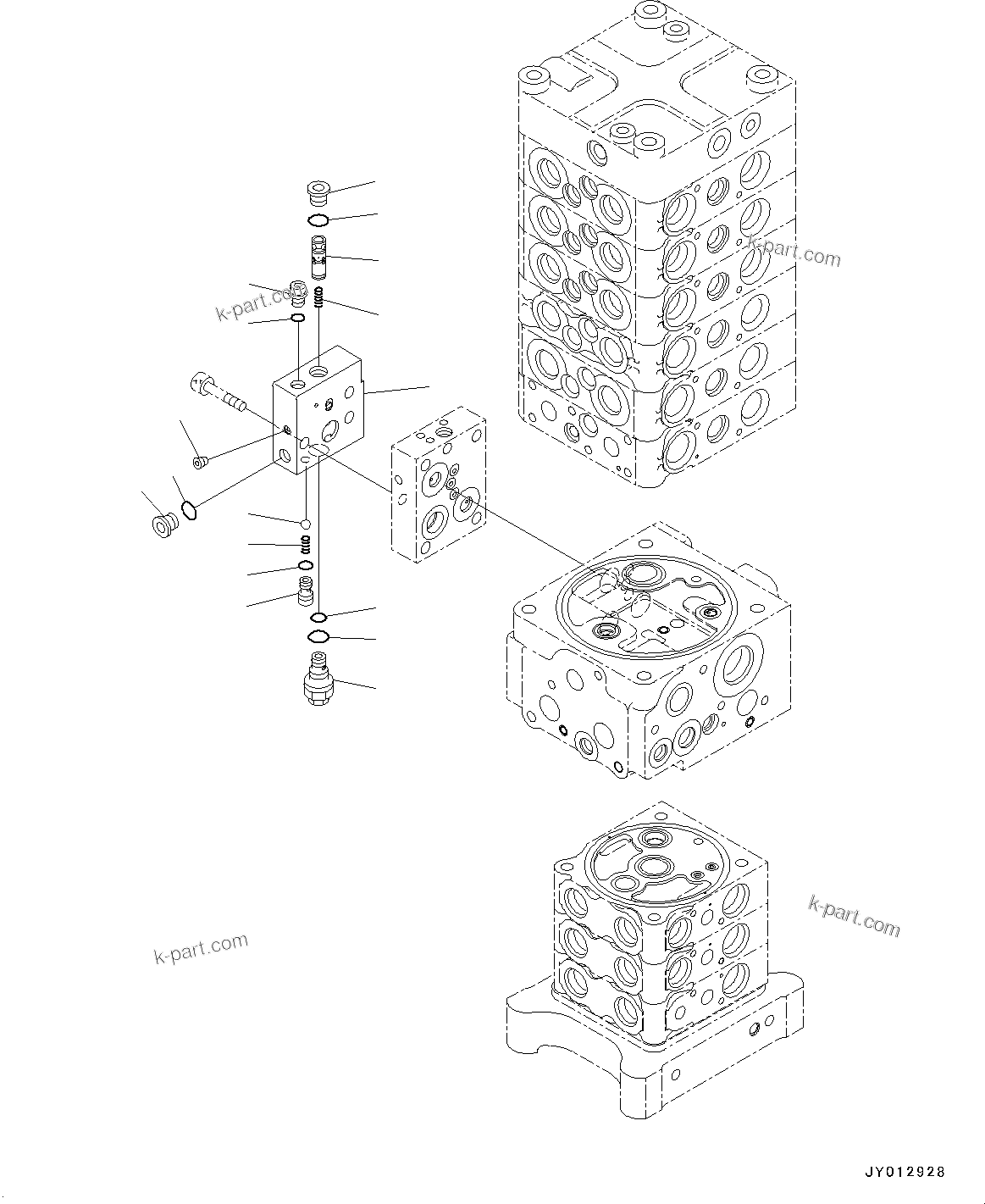 Komatsu parts book diagram for PC190NLC-8 S/N K50001-UP: MAIN CONTROL VALVE, 2-ATTACHMENT, 2-PIECE BOOM, INNER PARTS (25/34)