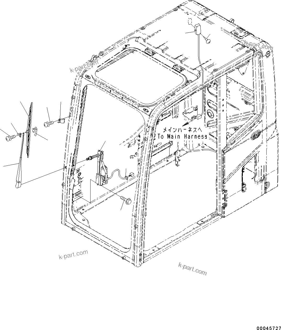 Komatsu parts book diagram for PC190NLC-8 S/N K50001-UP: CAB, 1-ACTUATOR, WIPER AND ROOM LAMP