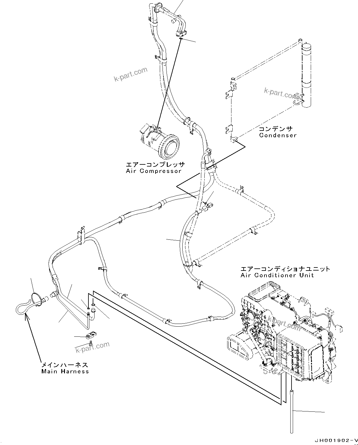 Komatsu parts book diagram for PC190NLC-8 S/N K50001-UP: CAB, 1-ACTUATOR, FLOOR, AIR CONDITIONER HOSE
