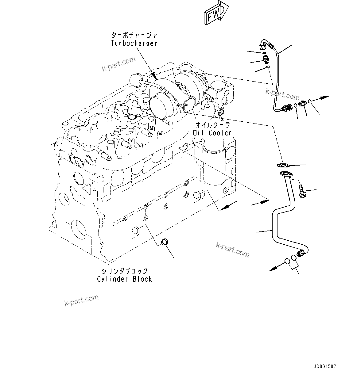 Komatsu parts book diagram for SAA6D107E-1J S/N H62051 - Up (For WA320-6): TURBOCHARGER OIL PIPING