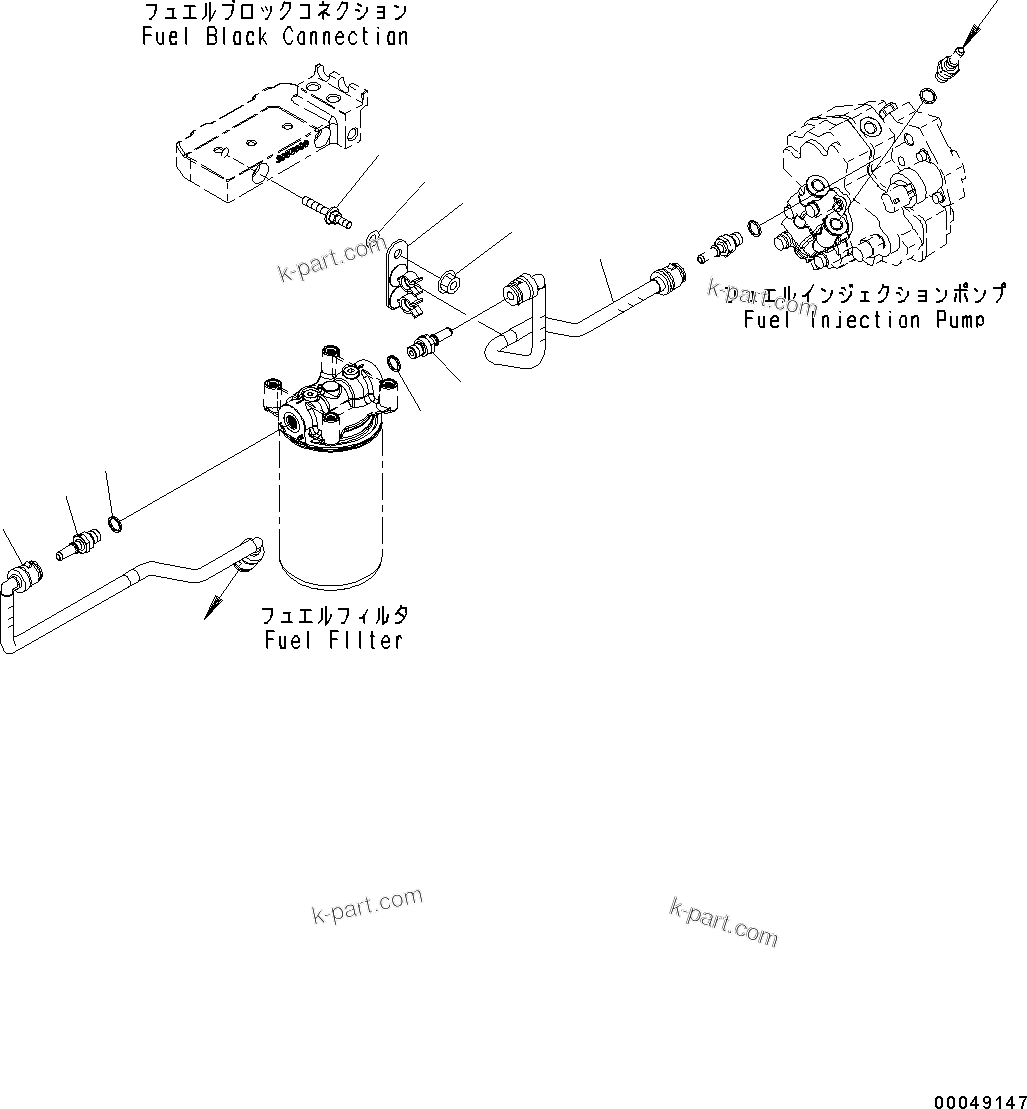 Komatsu parts book diagram for SAA6D107E-1J S/N H62051 - Up (For WA320-6): FUEL FILTER PIPING