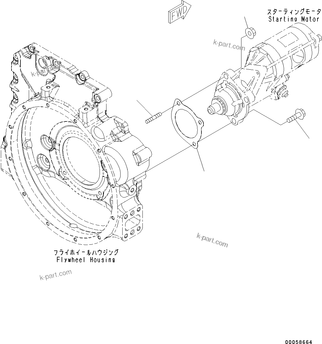 Komatsu parts book diagram for SAA6D107E-1J S/N H62051 - Up (For WA320-6): STARTING MOTOR MOUNTING, 5.5KW