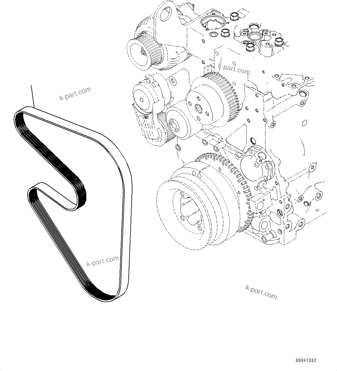 Komatsu parts book diagram for SAA6D107E-1D S/N 26537463-UP (For WA380-6): WATER PUMP DRIVE BELT (#26537463-)