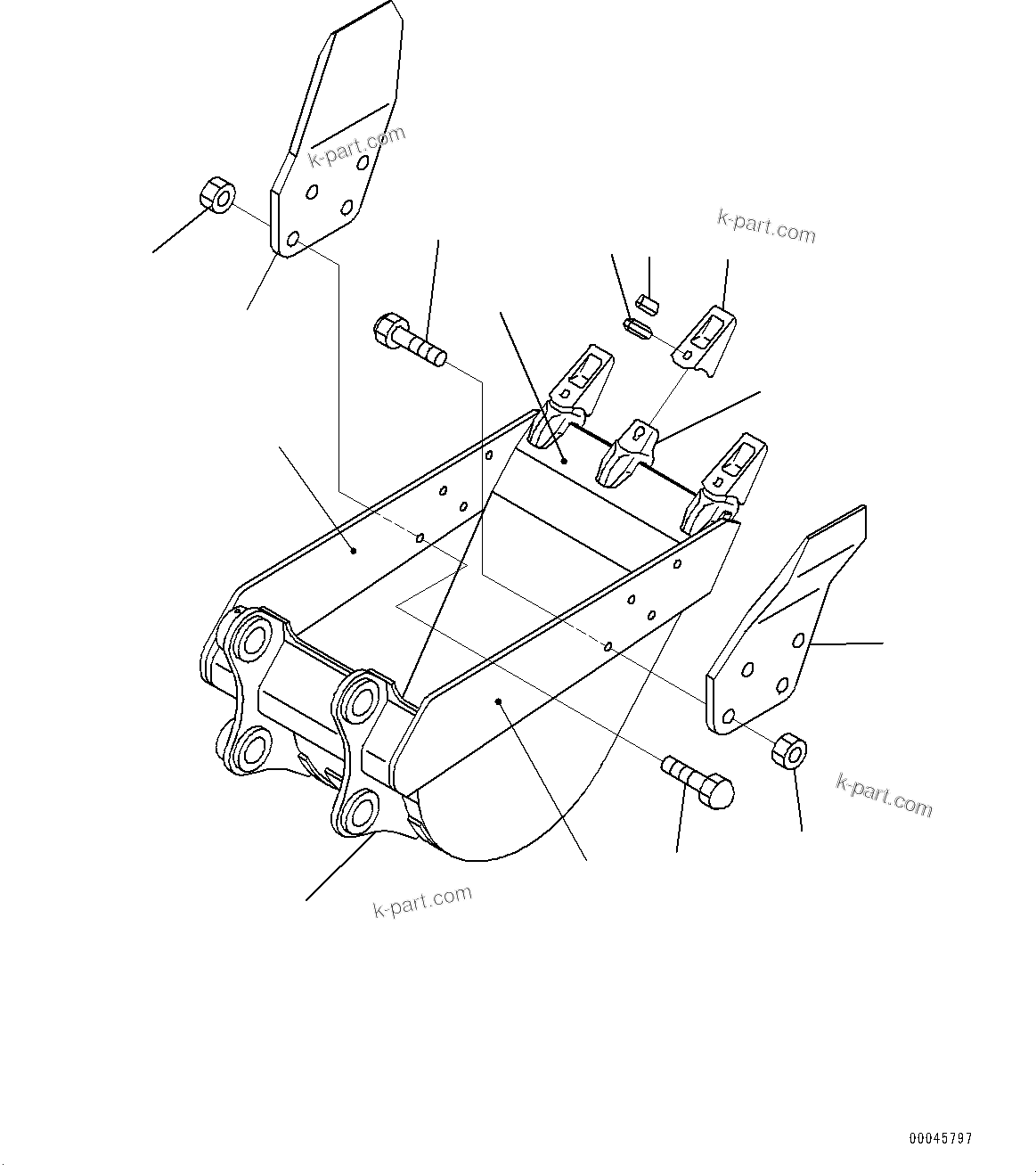 Komatsu parts book diagram for PC228USLC-8 S/N 50001-UP: BUCKET, 0.50M3, 750MM WIDTH, VERTICAL PIN TYPE, SIDE CUTTER, BUCKET