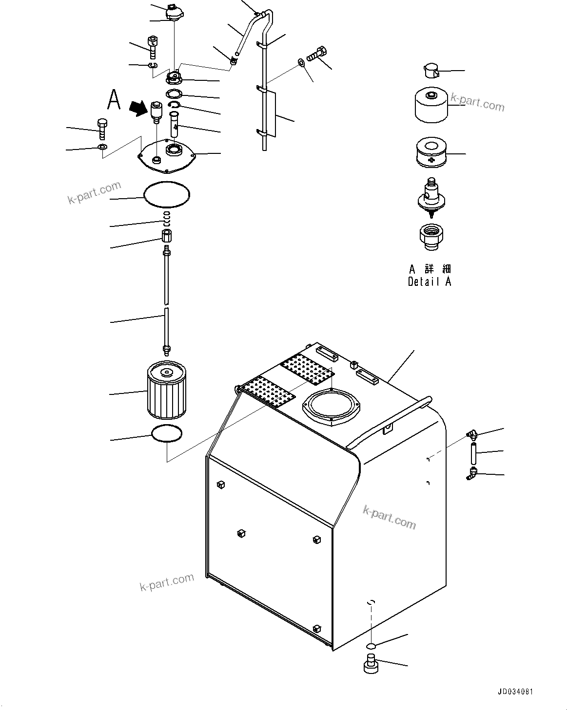 Komatsu parts book diagram for PC800-8E0 S/N K55001-UP: HYDRAULIC TANK, OIL FILLER CAP LOCK AND COVER LOCK, HYDRAULIC TANK