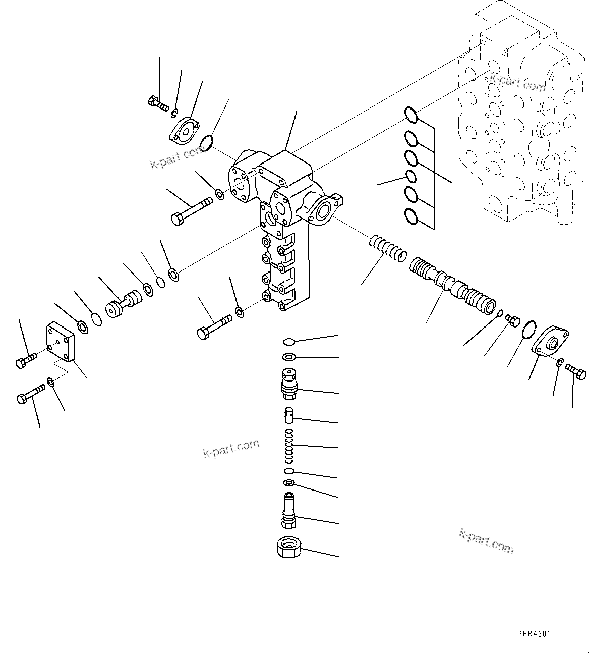 Komatsu parts book diagram for PC800-8E0 S/N K55001-UP: MAIN CONTROL VALVE, BOOM AND ARM, INNER PARTS, 4-SPOOL CONTROL VALVE (6/7)