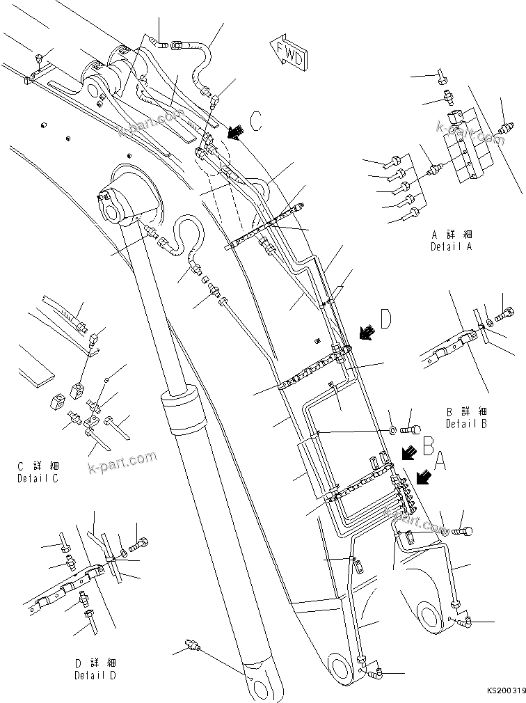 Komatsu parts book diagram for PC800-8E0 S/N K55001-UP: BOOM, 7100MM, LUBRICATION, BOOM