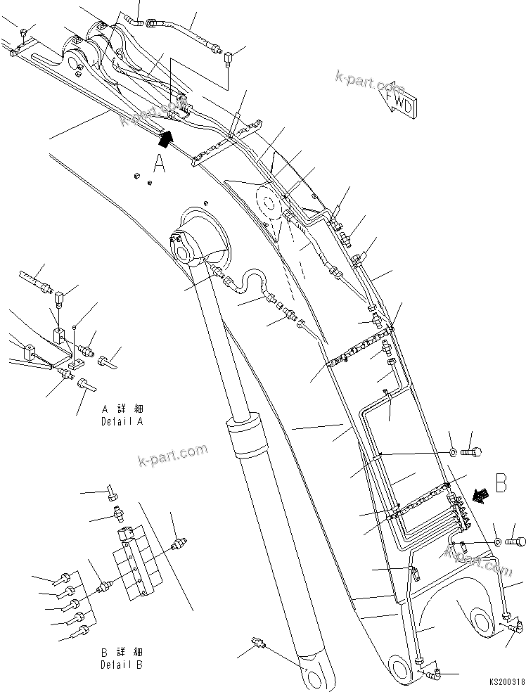 Komatsu parts book diagram for PC800-8E0 S/N K55001-UP: BOOM, 8200MM, LUBRICATION, BOOM