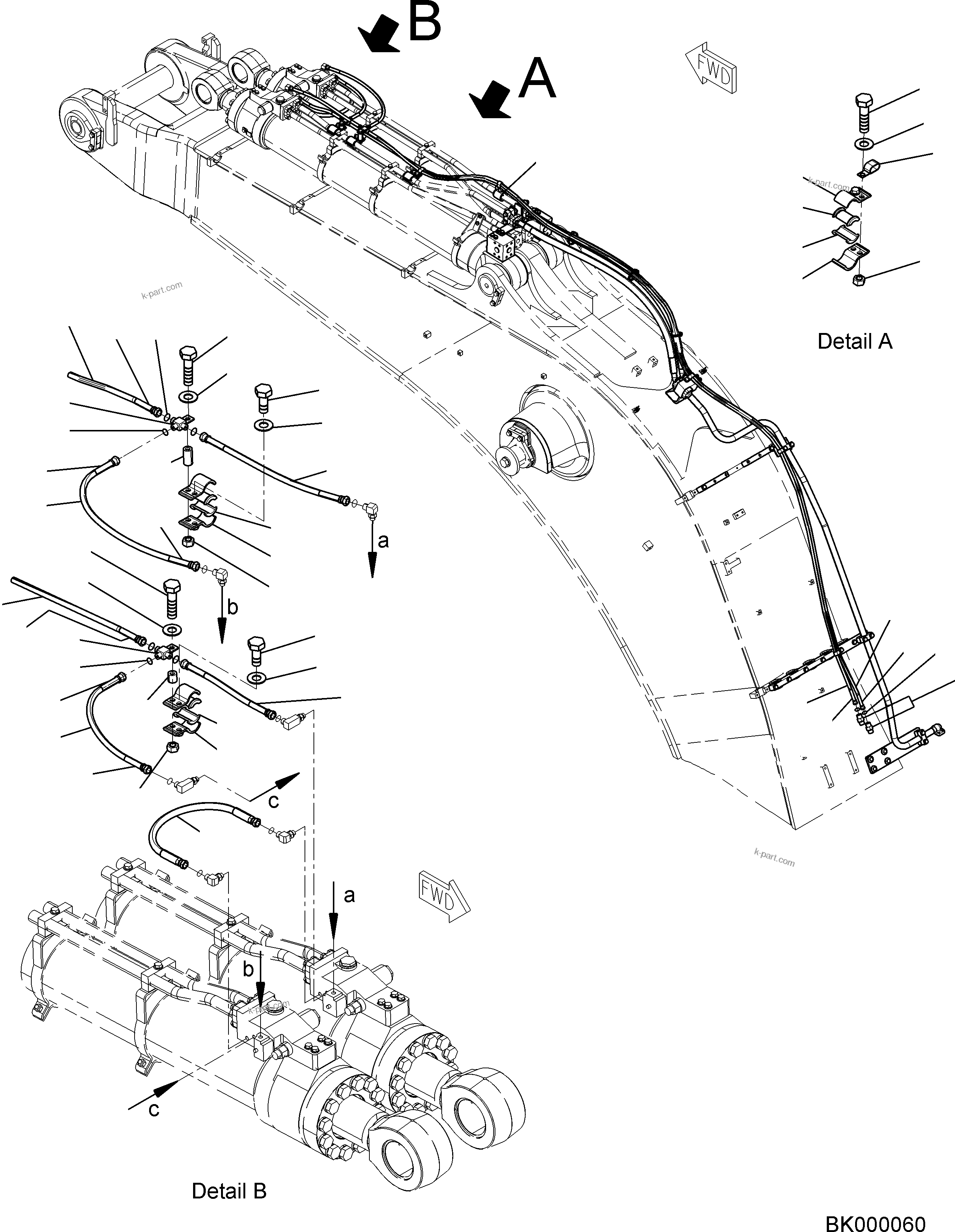 Komatsu parts book diagram for PC800-8E0 S/N K55001-UP: BOOM, 8200MM, (CLV), ARM CYLINDER PIPING (6/7)