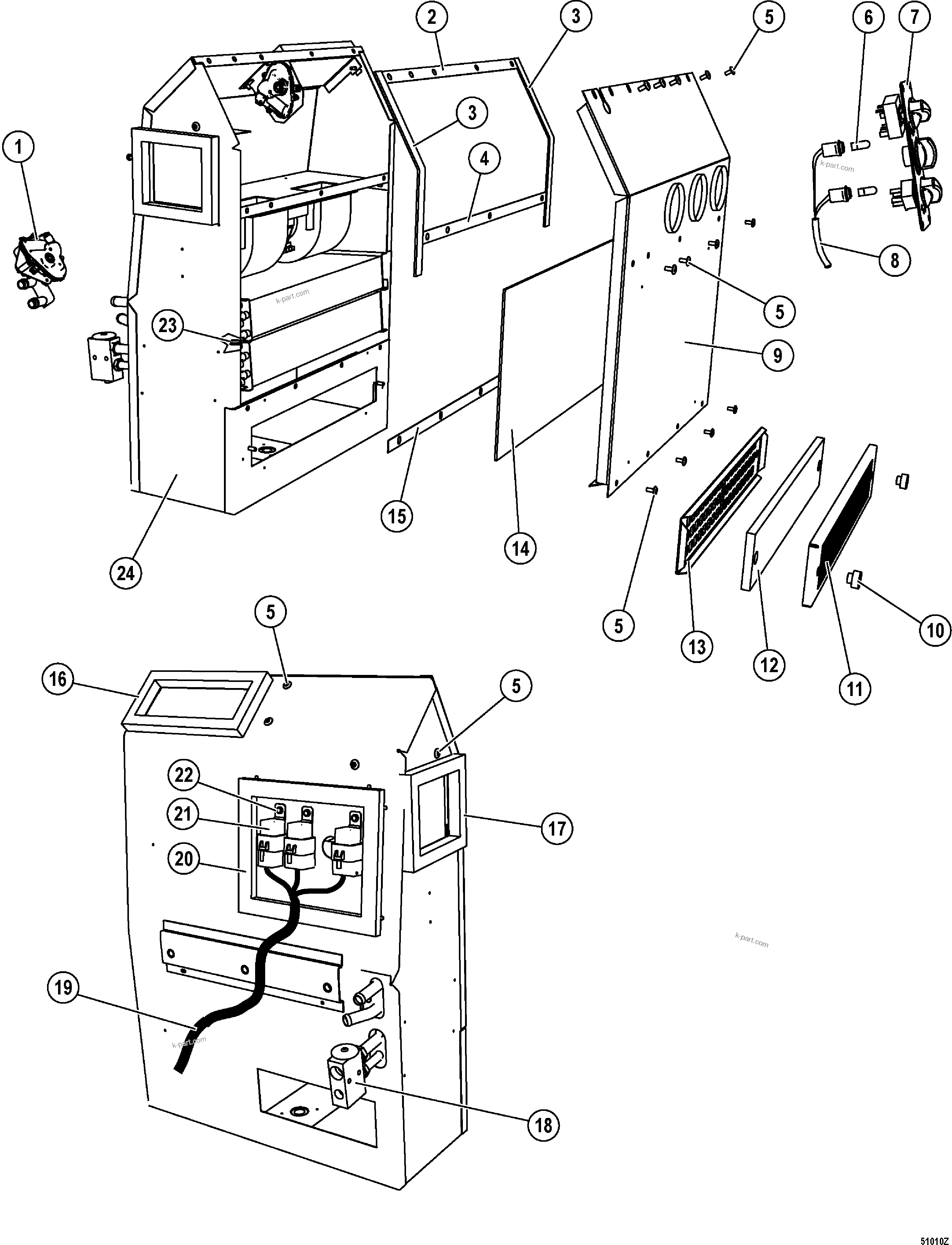 Komatsu parts book diagram for HD1500-7 S/N 80138-UP (-40 deg C) Chassis only: CAB, INNER PARTS, HEATER UNIT (1/2) (#80138-)