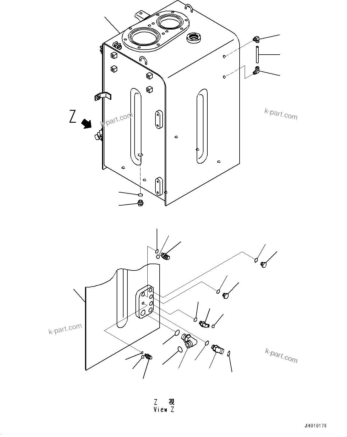 Komatsu parts book diagram for HB365-1 S/N 1001-UP: HYDRAULIC TANK, TANK AND ELBOW (#1001-)