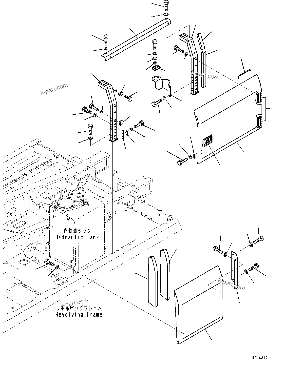 Komatsu parts book diagram for HB365-1 S/N 1001-UP: SIDE COVER L.H.,  (#1014-)
