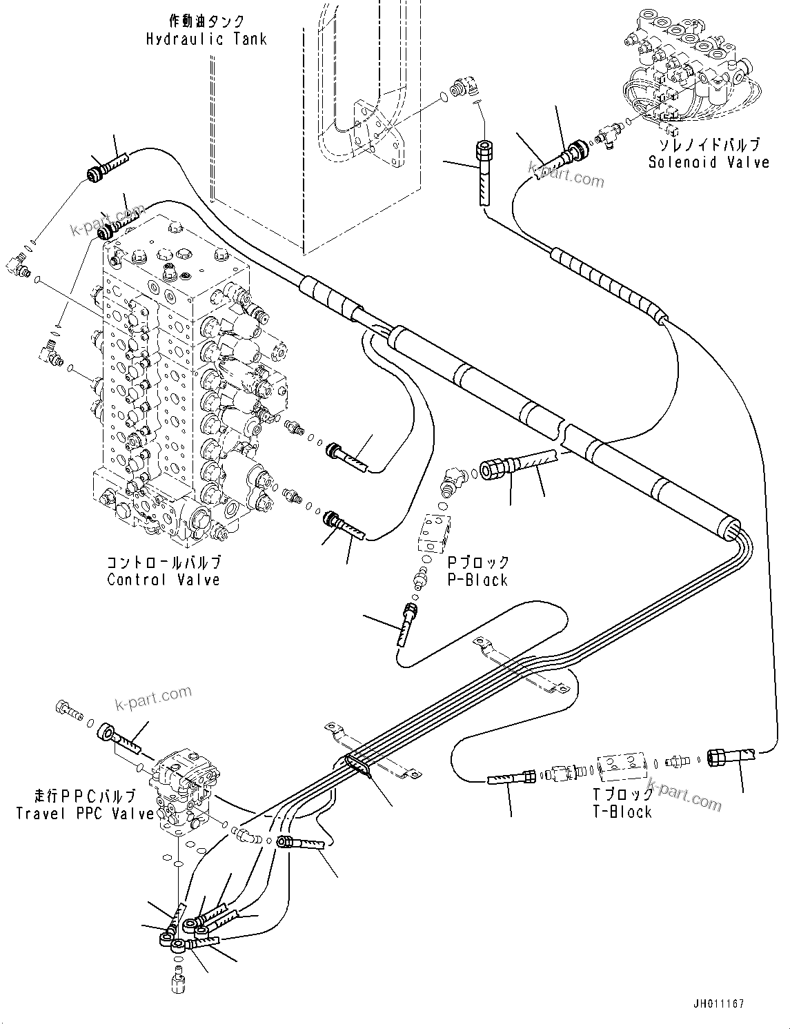 Komatsu parts book diagram for HB215LC-2 S/N 50001-UP: CAB, FLOOR, PPC VALVE PIPING FOR TRAVEL
