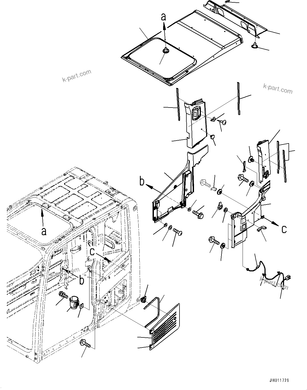 Komatsu parts book diagram for PC240LC-11 S/N 95001-UP: CAB, ROOF COVER, HANGER, DRINK HOLDER AND AIR INTAKE (#95001-)