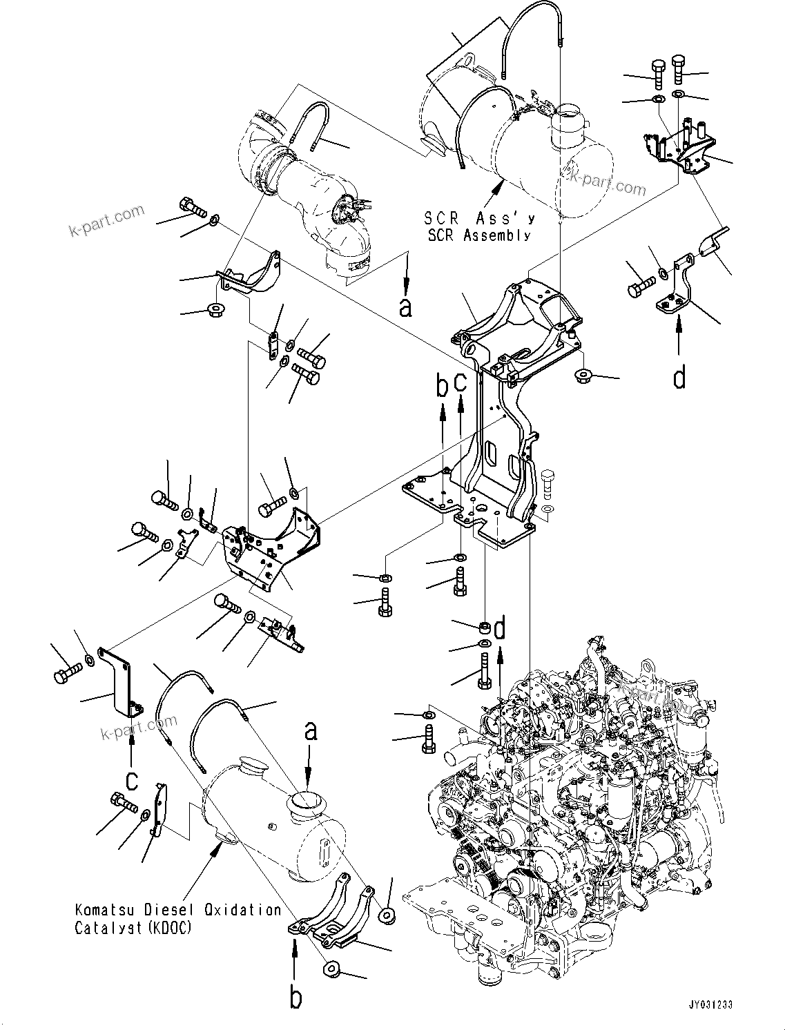 Komatsu parts book diagram for SAA4D95LE-7BB S/N 800001-UP (For D39EX-24/D39EXI-24/D39PX-24/D39PXI-24): KOMATSU DIESEL OXIDATION CATALYST (KDOC) AND SCR ASSEMBLY, MOUNTING (#800001-)