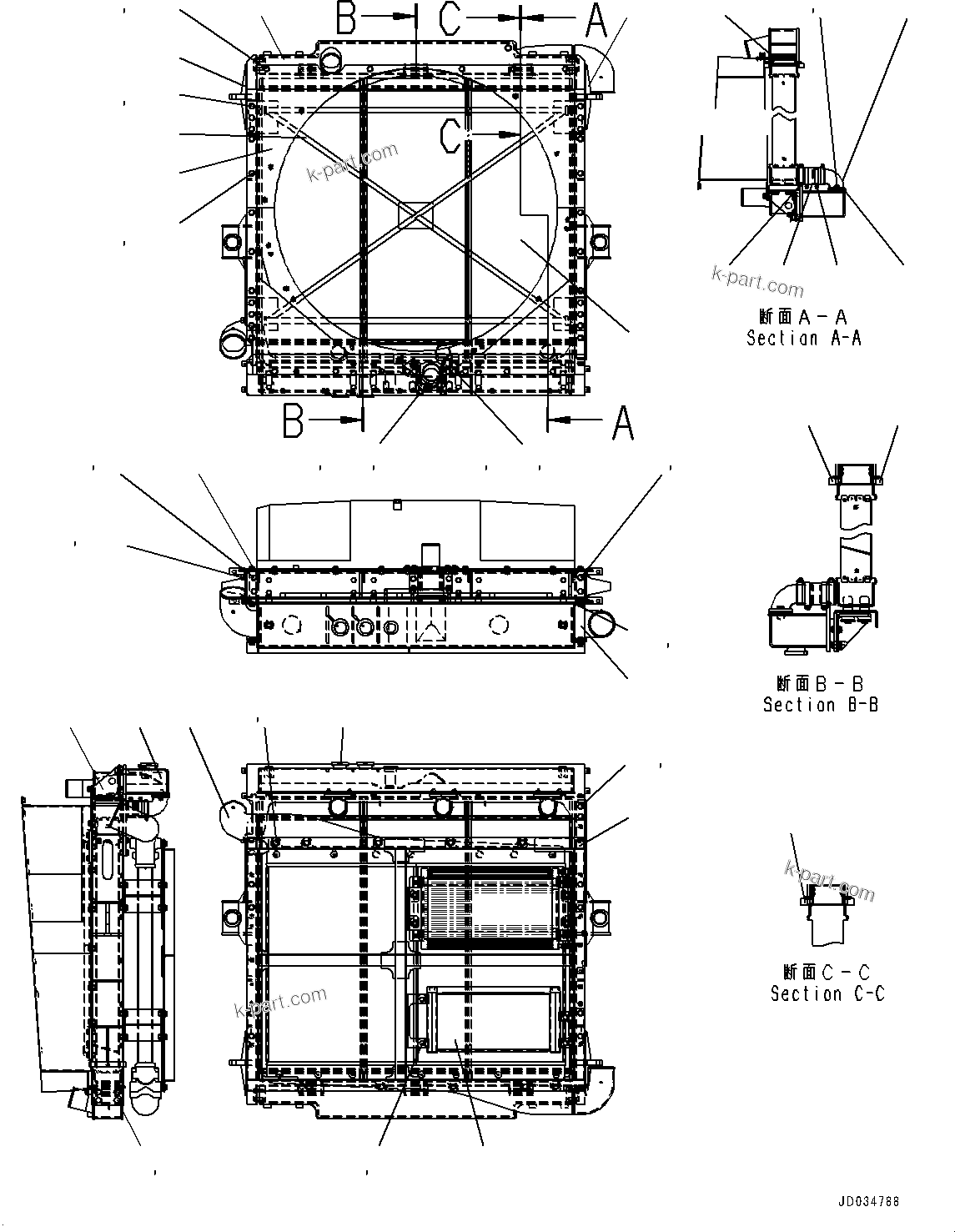Komatsu parts book diagram for HD465-7E1 S/N 20001-UP (For EU): RADIATOR, INNER PARTS (1/2) (#20001-20012)