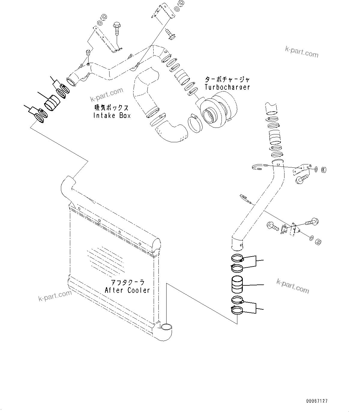 Komatsu parts book diagram for HD465-7E1 S/N 20001-UP (For EU): RADIATOR, AIR INTAKE PIPING (#20001-)