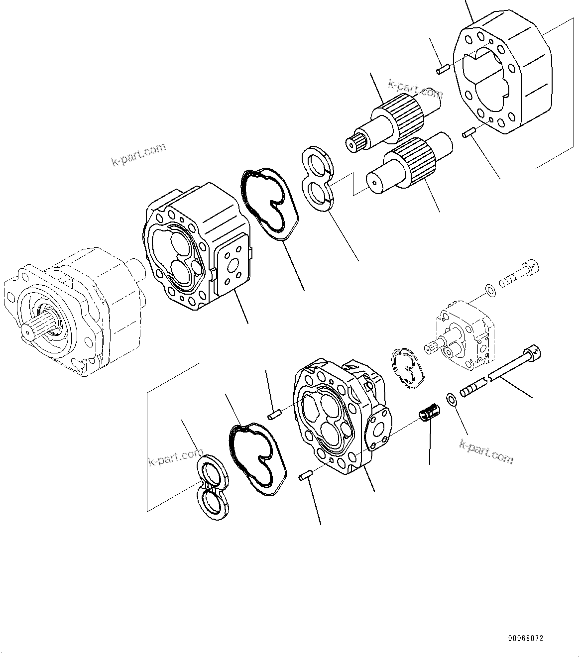Komatsu parts book diagram for HD465-7E1 S/N 20001-UP (For EU): TORQUE CONVERTER AND TRANSMISSION, STEERING AND HOIST PUMP (2/2) (#20001-)