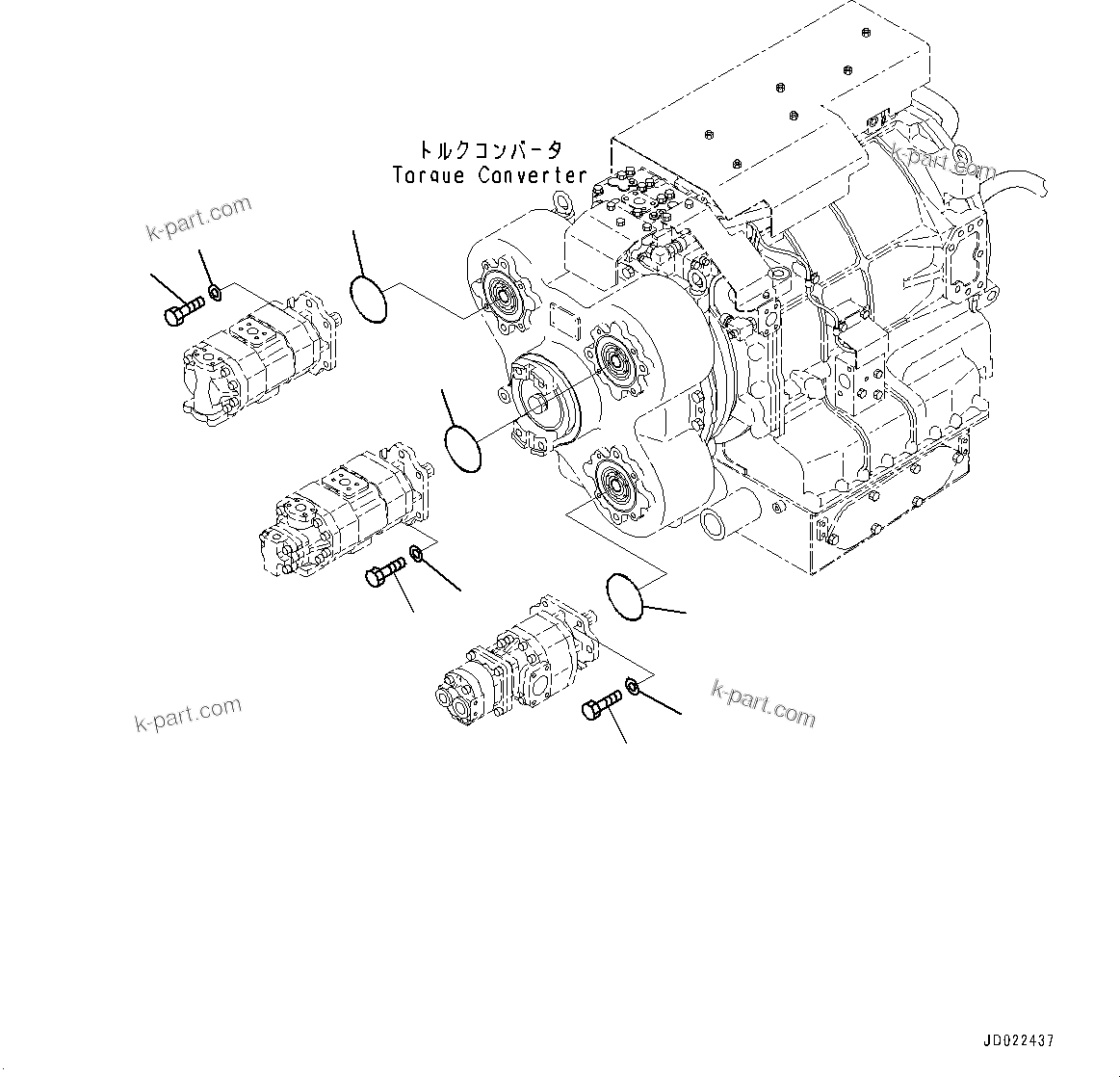 Komatsu parts book diagram for HD465-7E1 S/N 20001-UP (For EU): TORQUE CONVERTER AND TRANSMISSION, PUMP MOUNTING (#20001-)