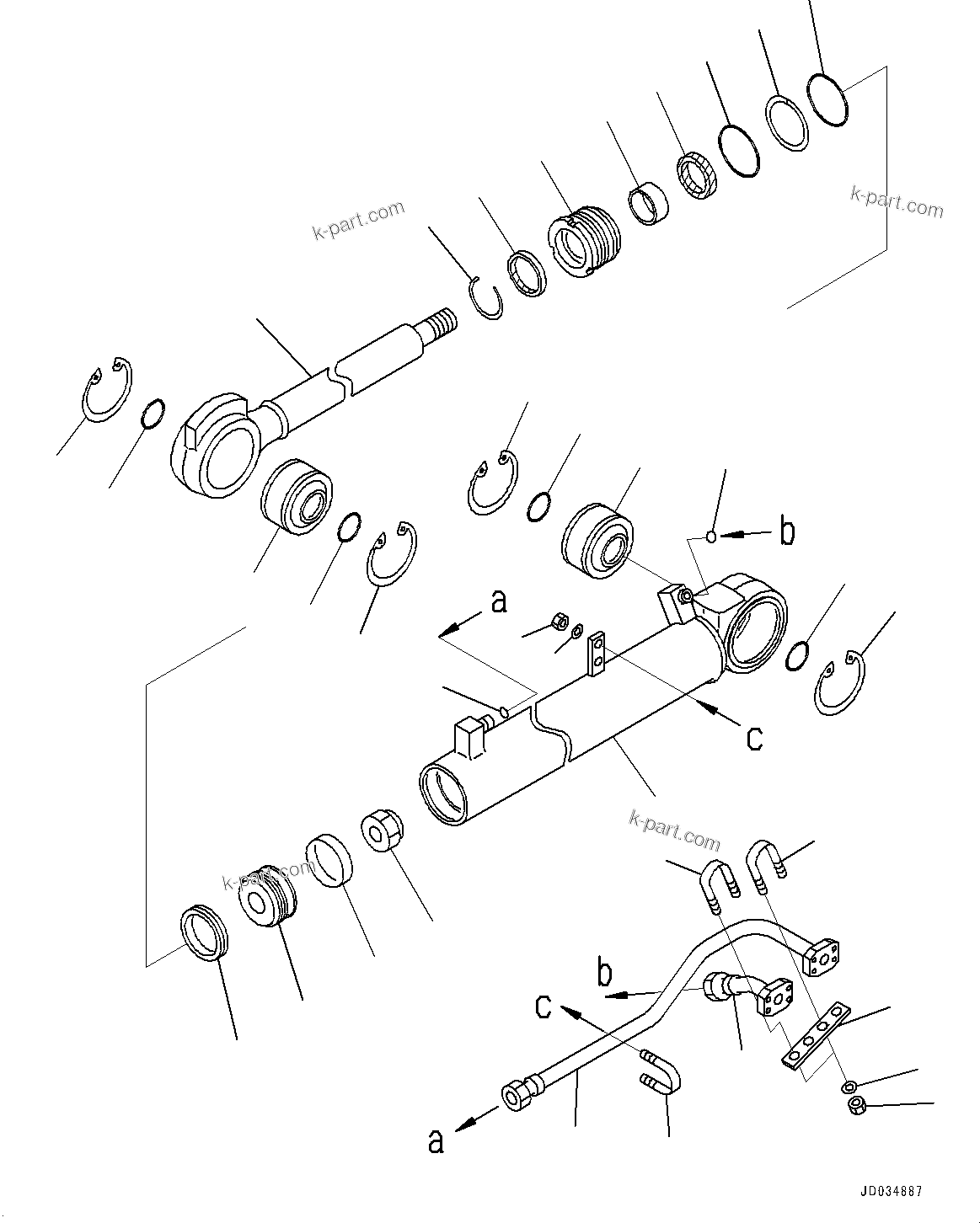 Komatsu parts book diagram for HD465-7E1 S/N 20001-UP (For EU): STEERING AND HOIST HYDRAULIC PIPING, STEERING CYLINDER, R.H. (#20001-20033)