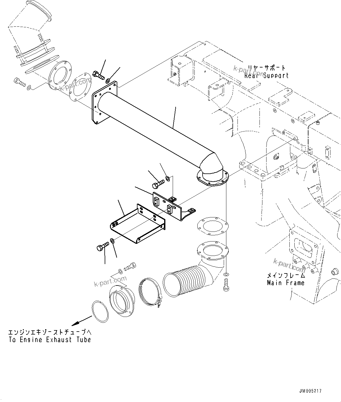 Komatsu parts book diagram for HD465-7E1 S/N 20001-UP (For EU): REAR SUPPORT, EXHAUST PIPING (#20001-)