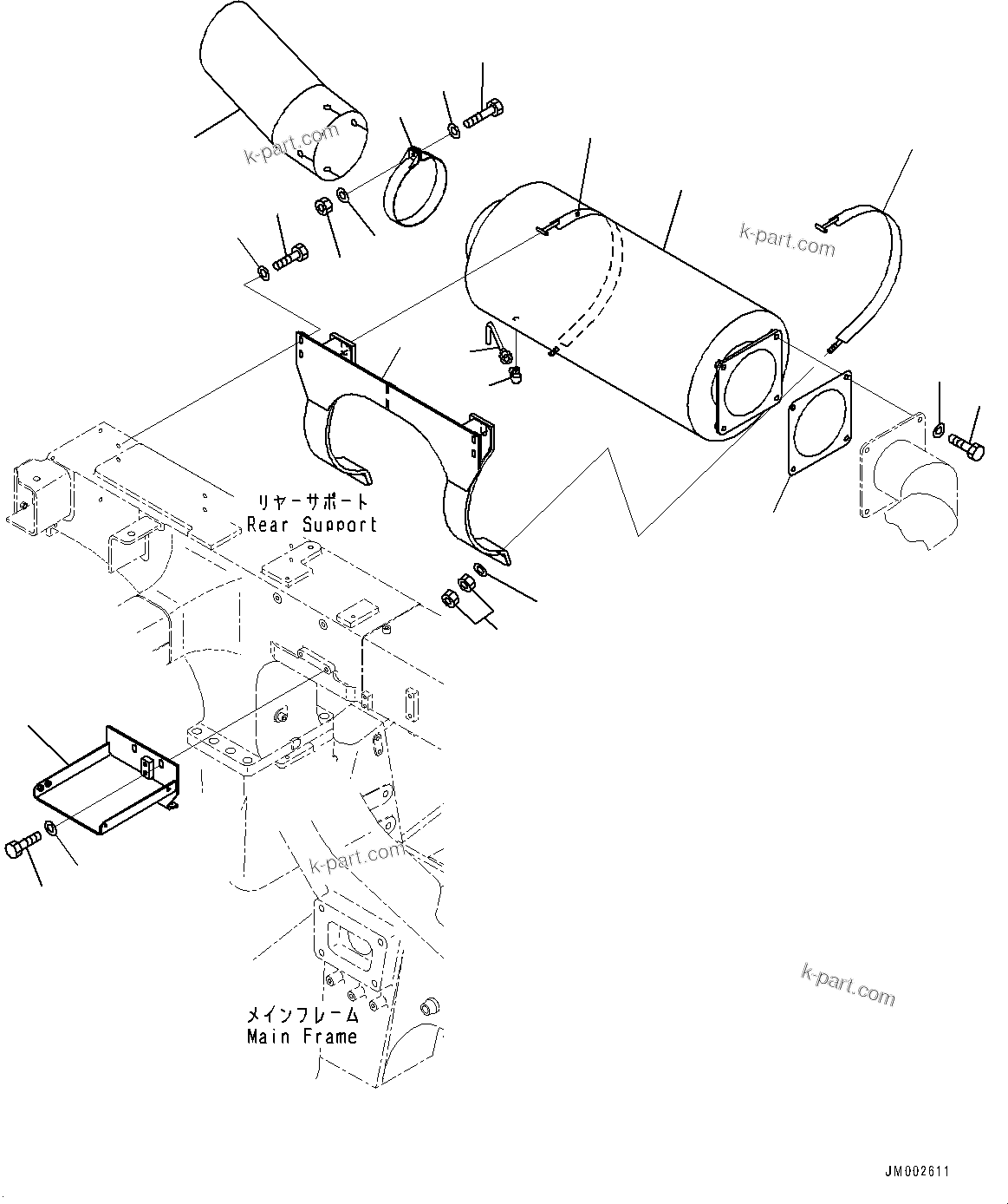 Komatsu parts book diagram for HD465-7E1 S/N 20001-UP (For EU): REAR SUPPORT, MUFFLER (#20001-)